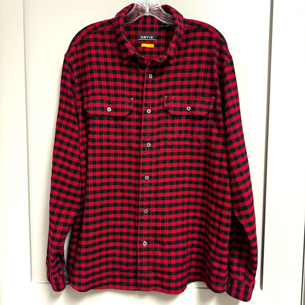 Orvis Active Fit Flannel Shirt Red and Black Buffalo Check Size L‎ Front Pockets